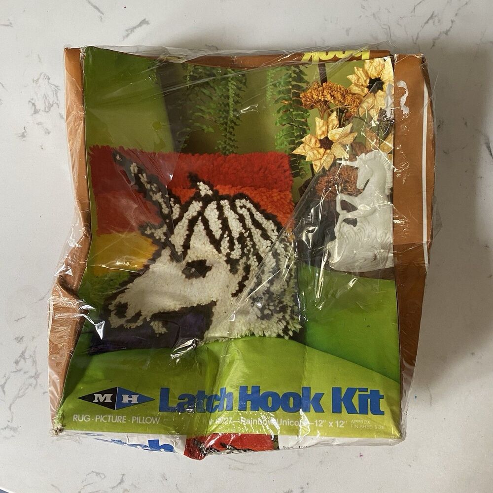Vtg Latch Hook Kit MH Yarns Rainbow Unicorn 12"x12" 1982 NEW SEALED HTF